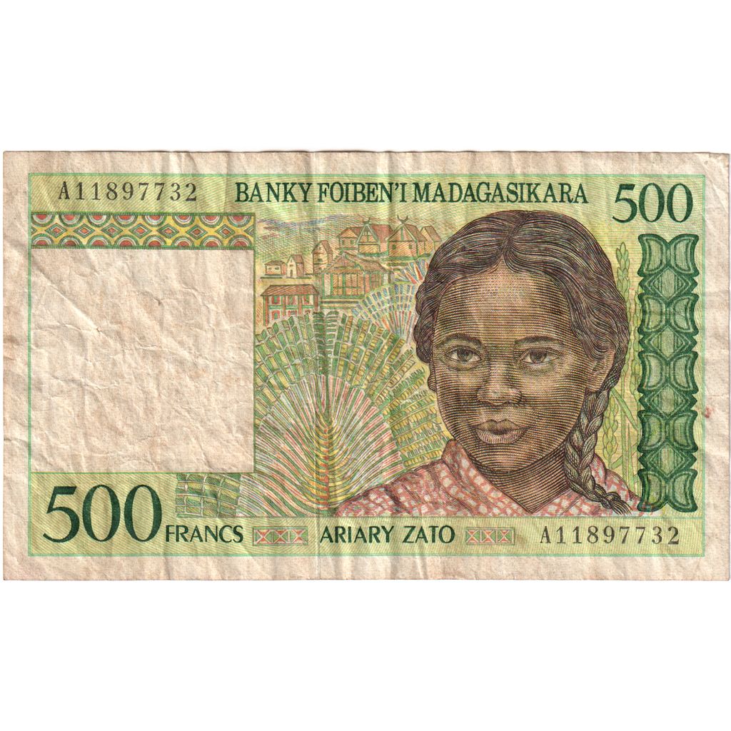 Madagaskar,
500 frankov = 100 ariarjev,
VF (20-25)