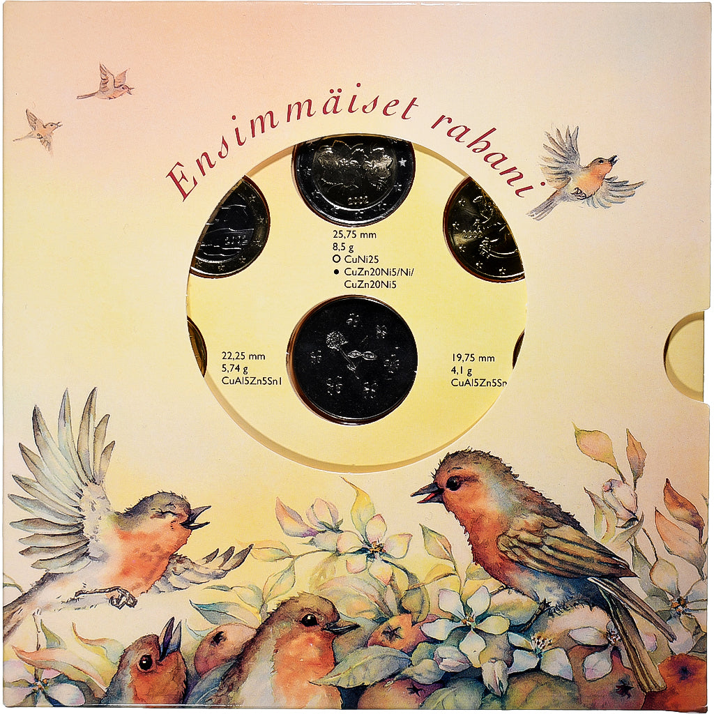 Finska,
Komplet 1 ct. - 2 evra + žeton,
Ensimmäiset rabani