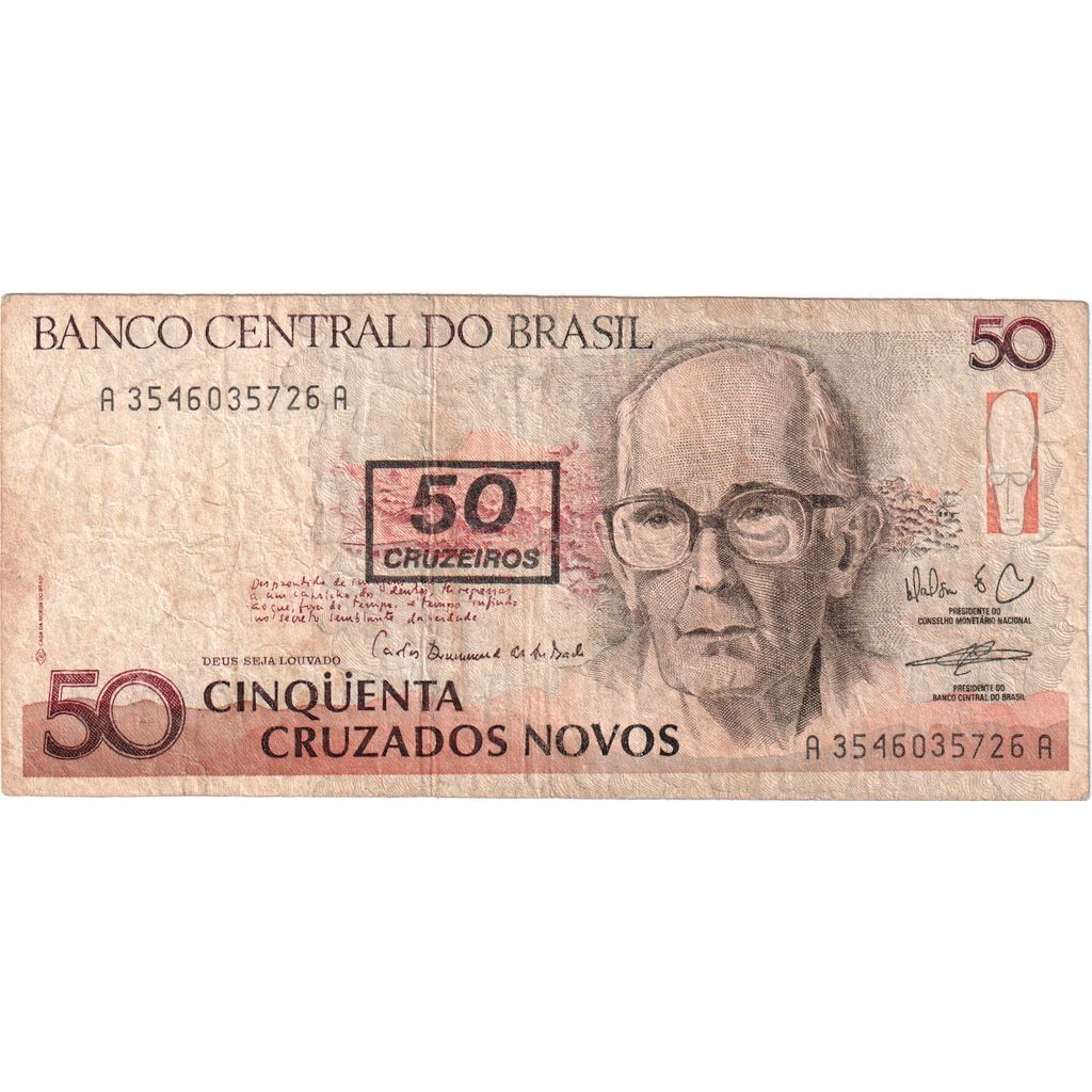 Brazilija,
50 Cruzeiros na 50 Cruzados Novos,
VF (30-35)