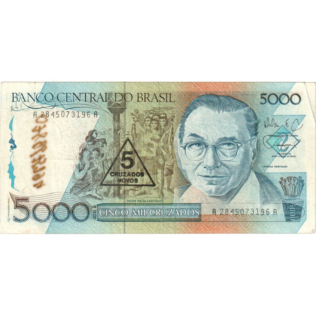 Brazilija,
5 Cruzados Novos na 5000 Cruzados,
VF (20-25)