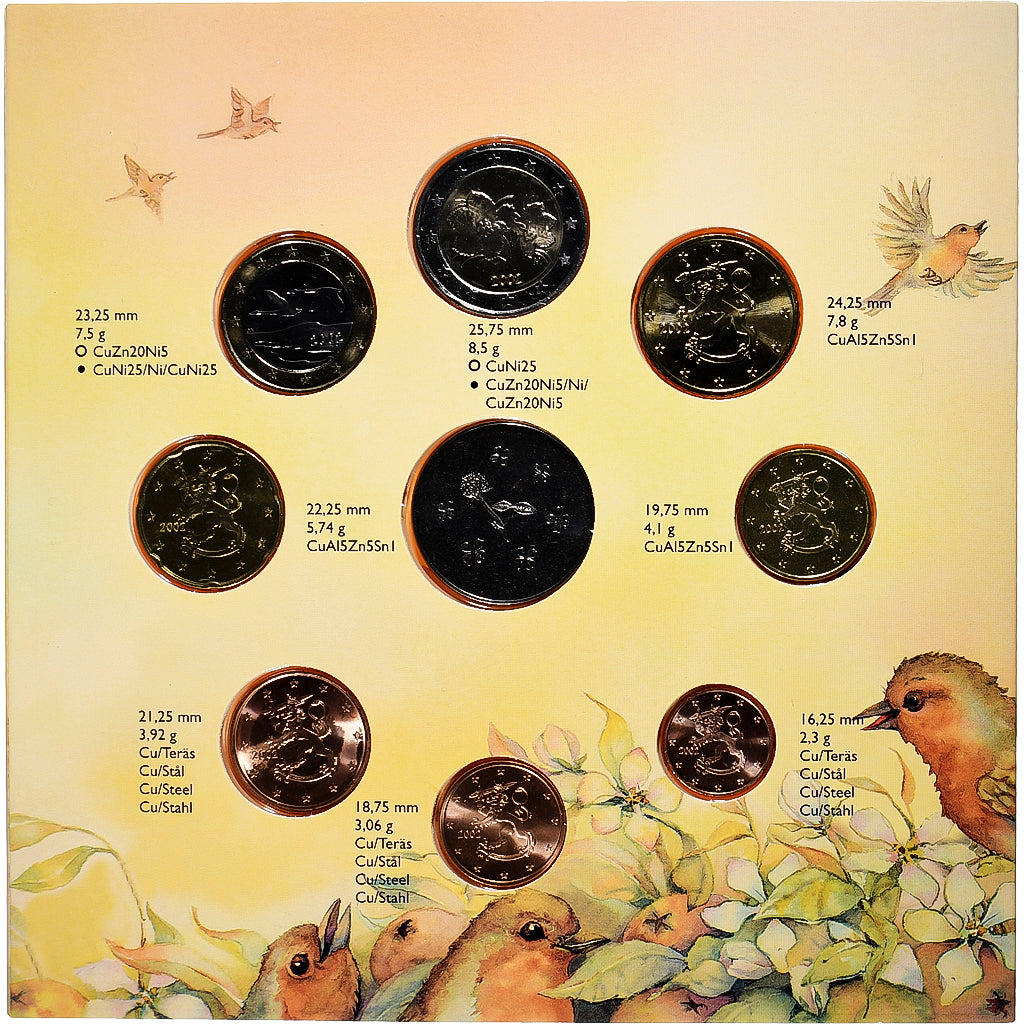 Finska, 
  
  Komplet 1 ct. - 2 evra + žeton, 
  
  Ensimmäiset rabani