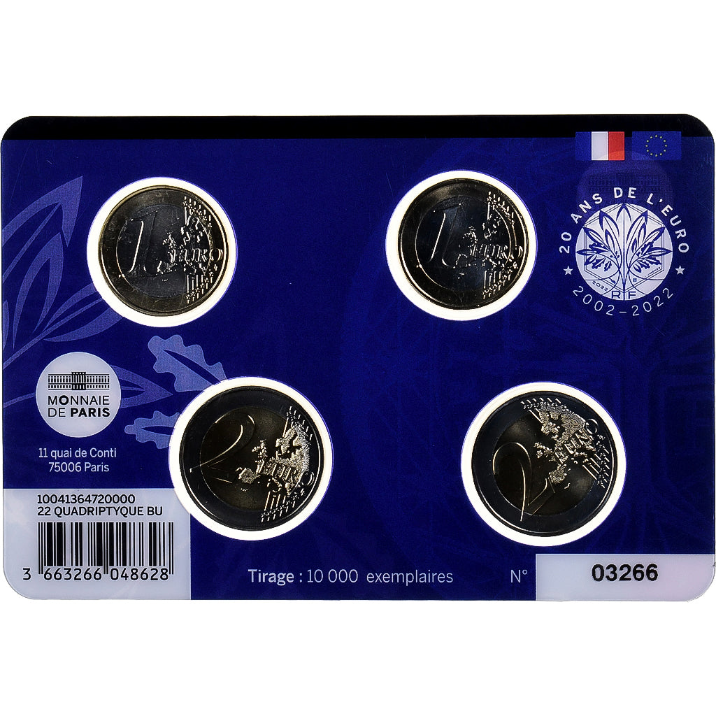 Francija, 
  
  1€ in 2€ x 2, 
  
  20 Ans de l'Euro