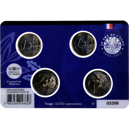 Francija, 
  
  1€ in 2€ x 2, 
  
  20 Ans de l'Euro